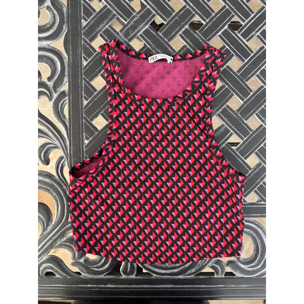Zara Women Geometric Diamond Print Racerback Crop Top Red Pink Black Small